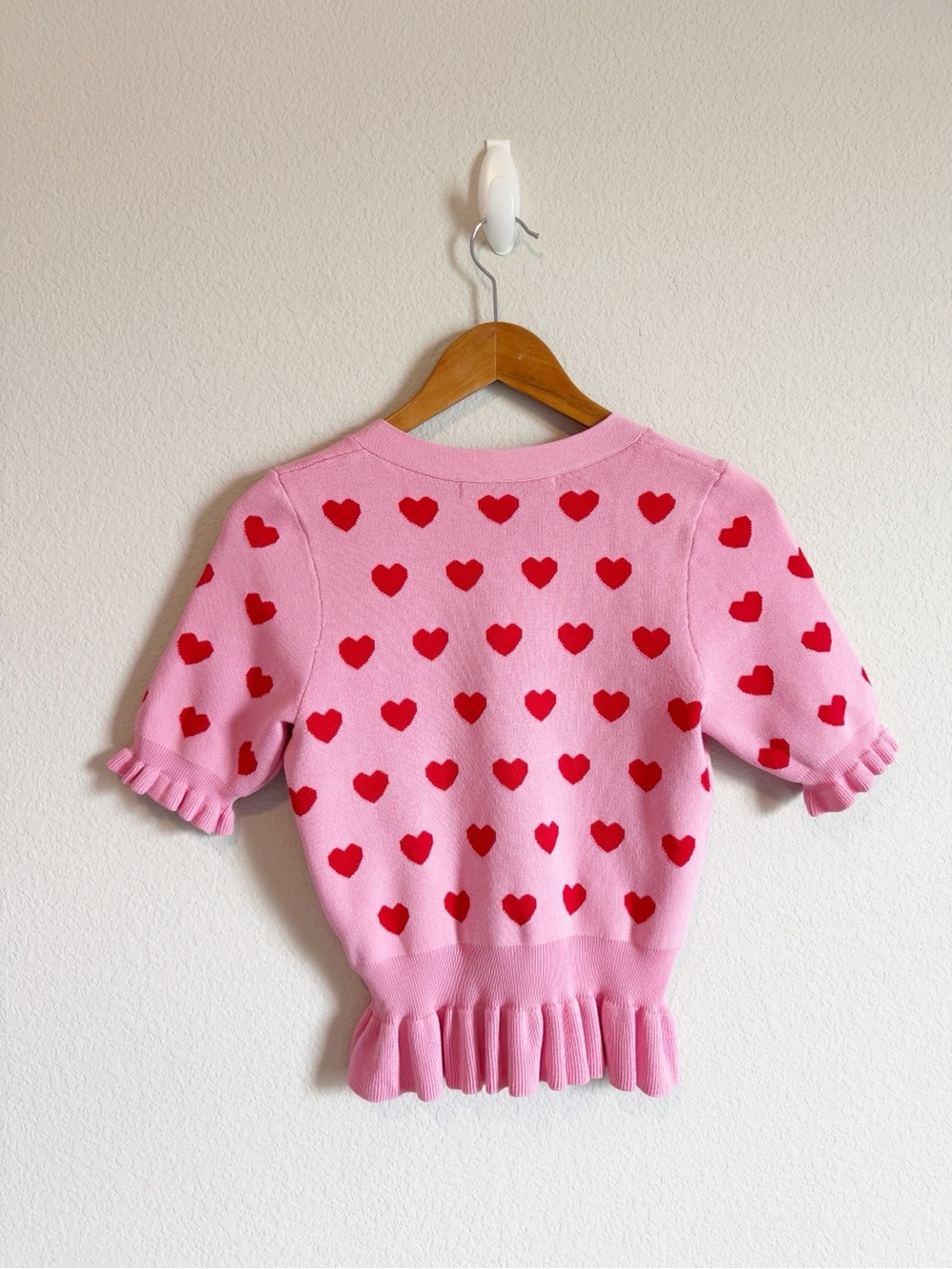 English Factory Heart Print Puff Sleeve Ruffle Cardigan Sweater Size Small - Picture 8 of 9